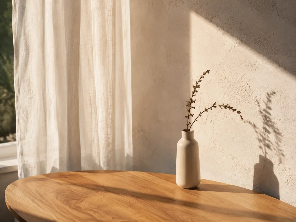 Sunlight across linen curtains, a timber table and a ceramic vase.