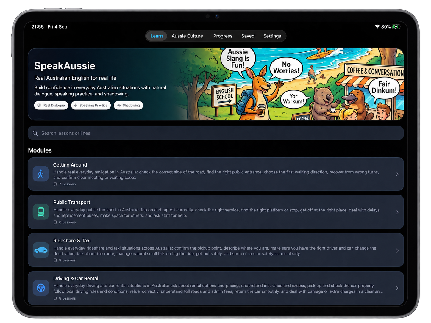 SpeakAussie structured learning modules on iPad