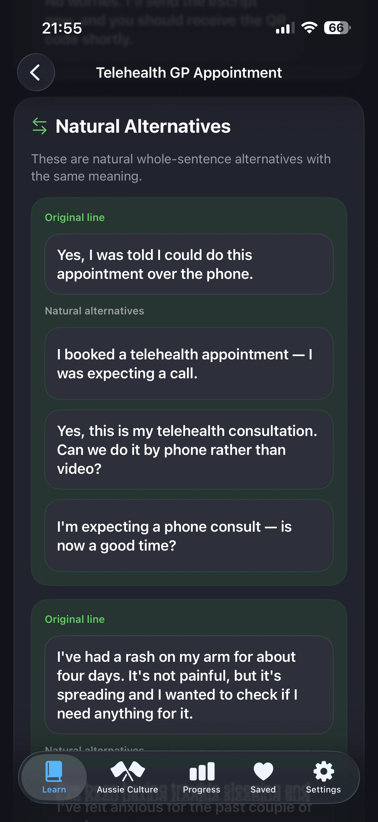 SpeakAussie iPhone interface showing natural alternatives for the same meaning