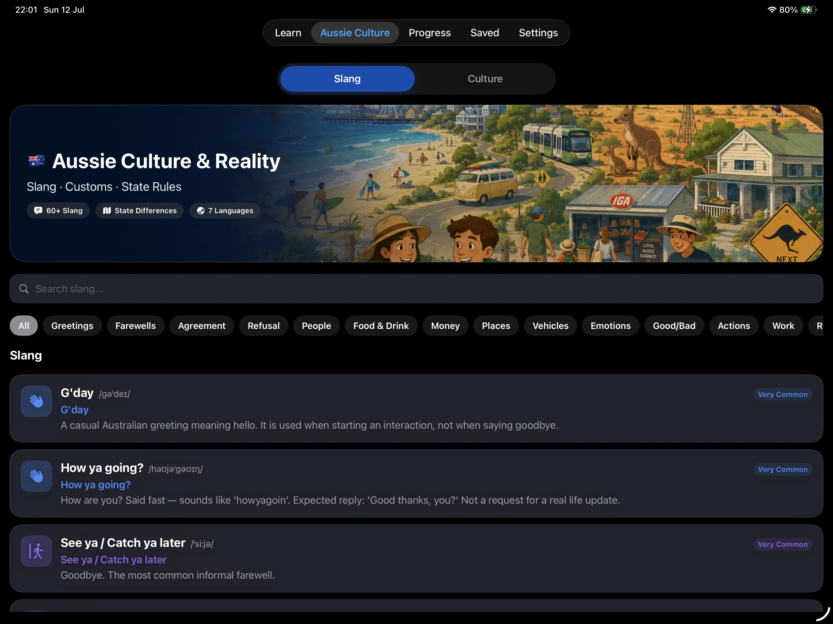SpeakAussie iPad interface showing Australian slang and culture content