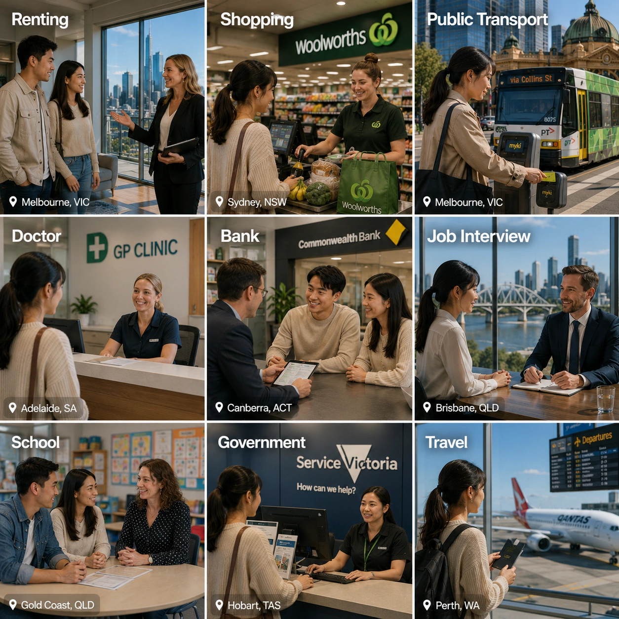 Everyday Australian situations including transport, work, shopping, healthcare and renting