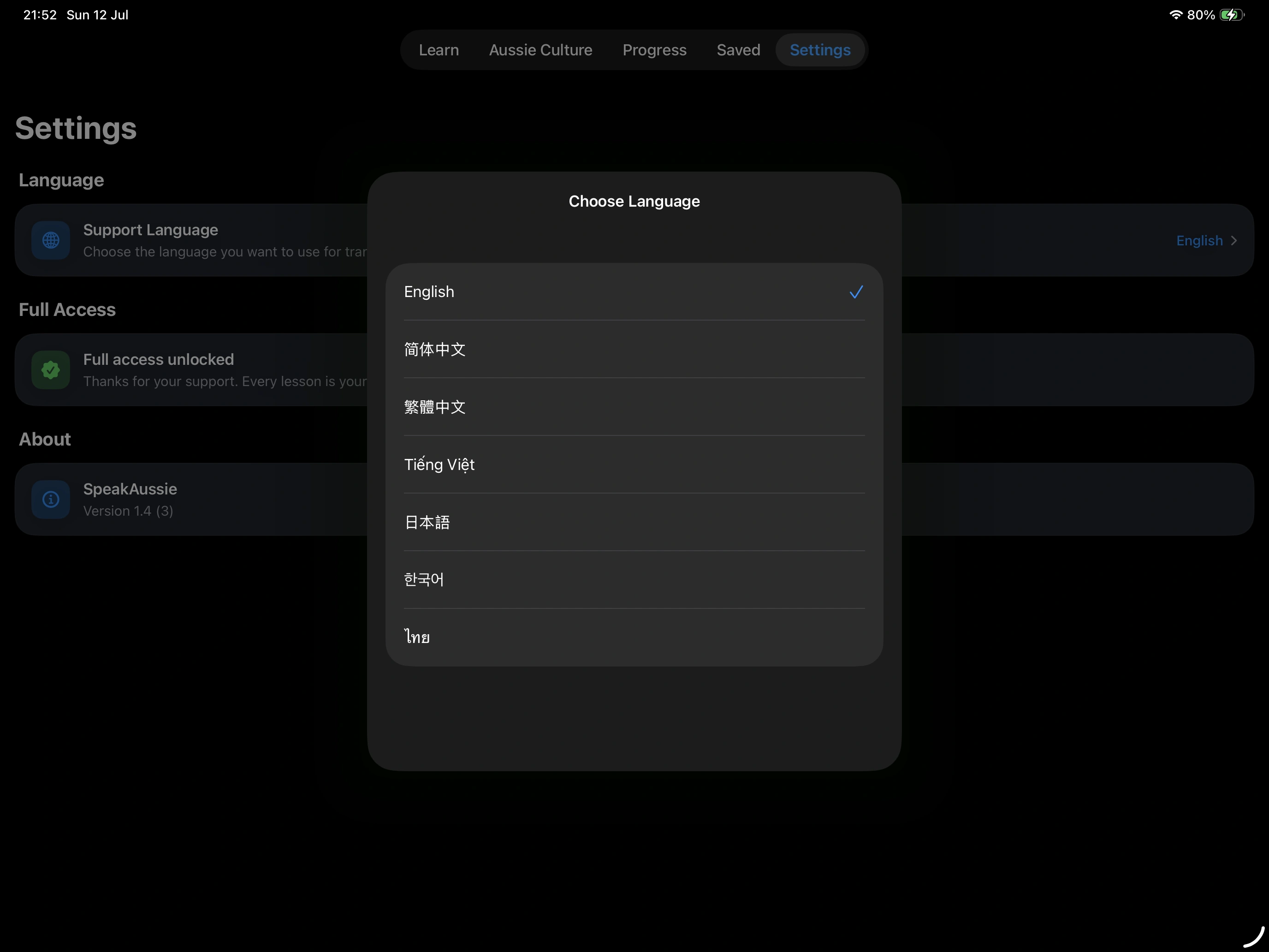 SpeakAussie language selector showing seven supported learning languages