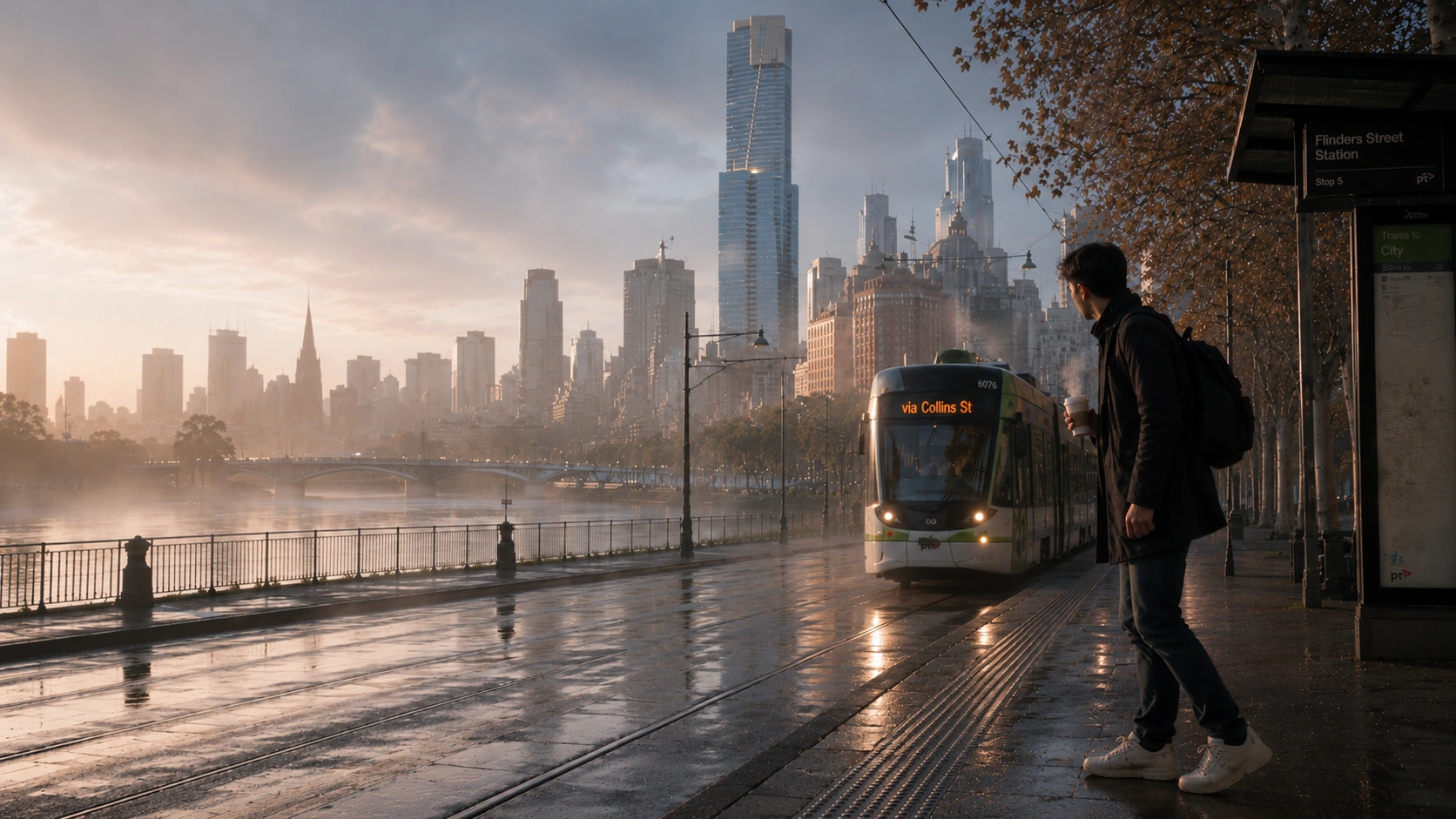 Young newcomer waiting for a tram beside the Melbourne skyline at sunrise
