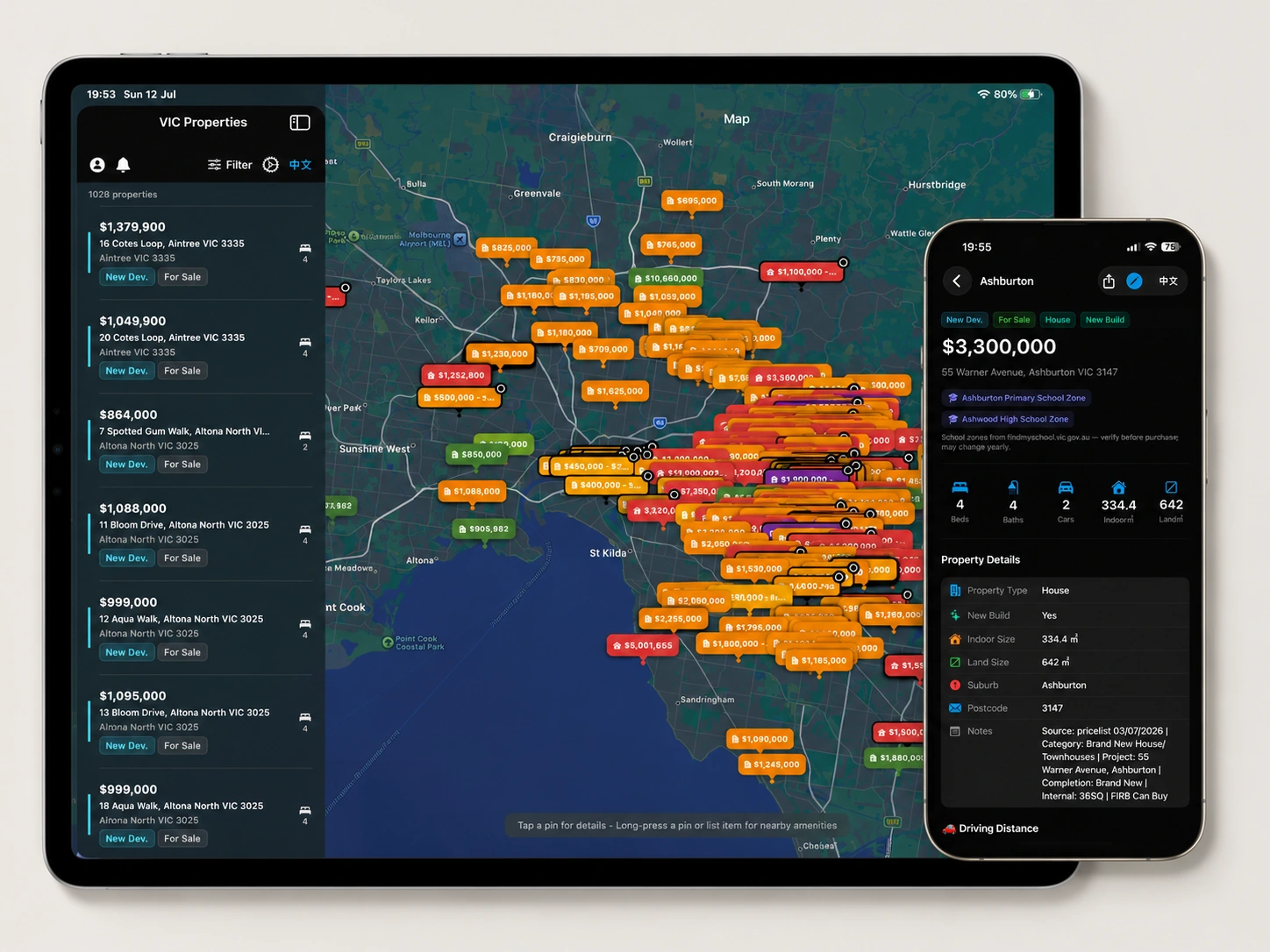 VIC Properties app interface shown across iPad and iPhone with map-based property listings and property details