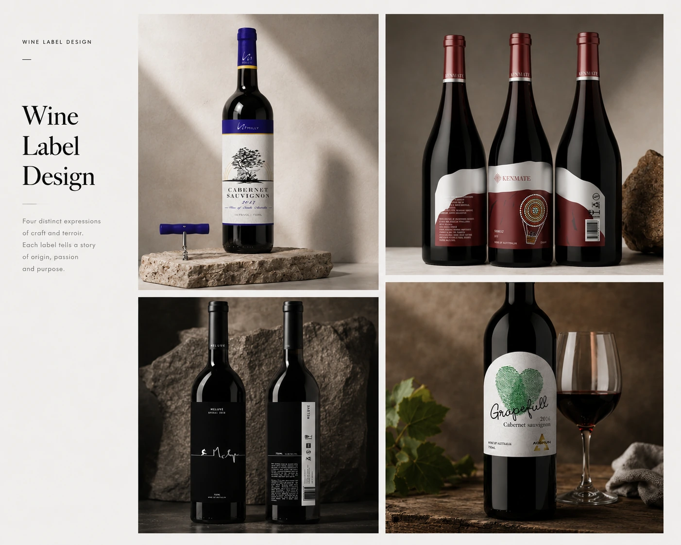 Wine Label portfolio showing four premium wine label projects