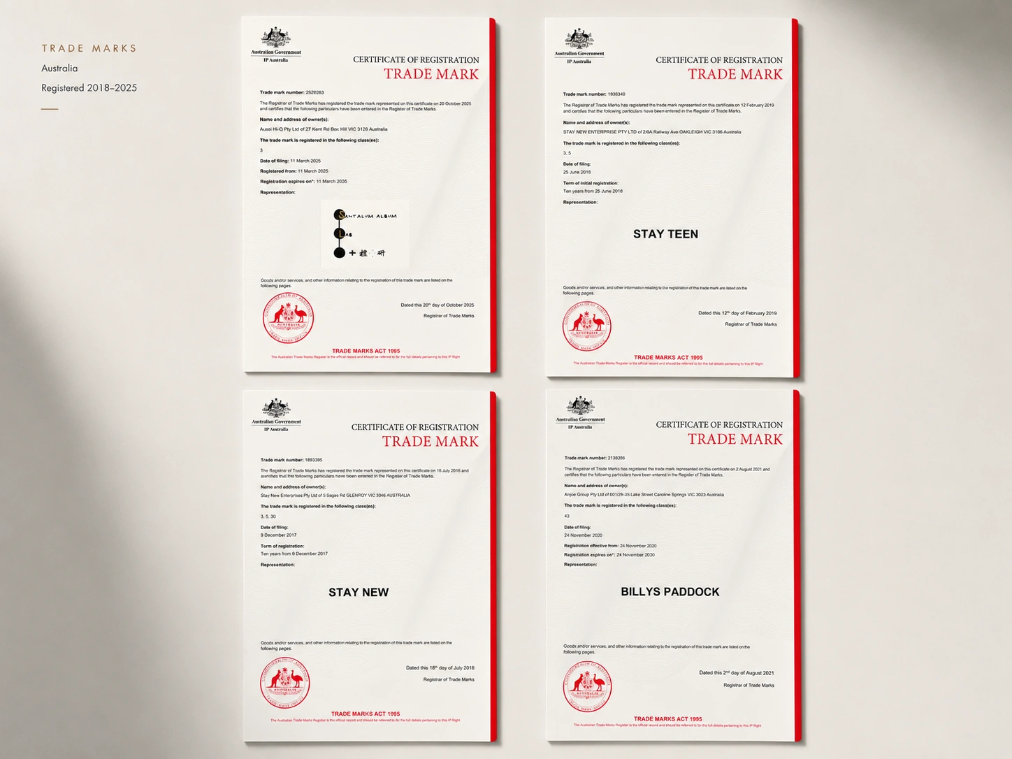 Four Australian Trade Mark registration certificates for protected brands